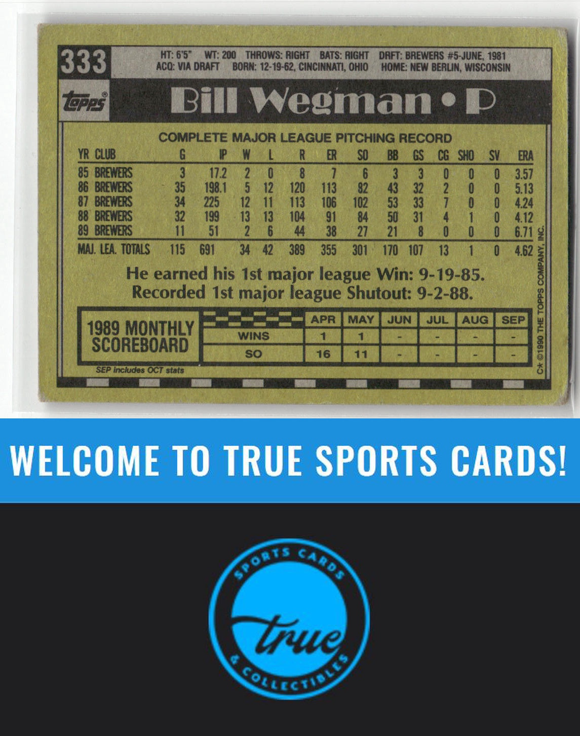 1990 Topps #333 Bill Wegman Auto