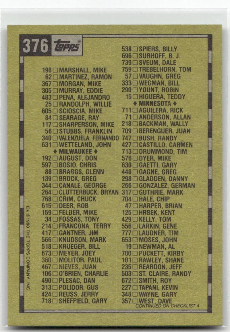 1990 Topps #376 Checklist 3 of 6 - Terry Leach Auto