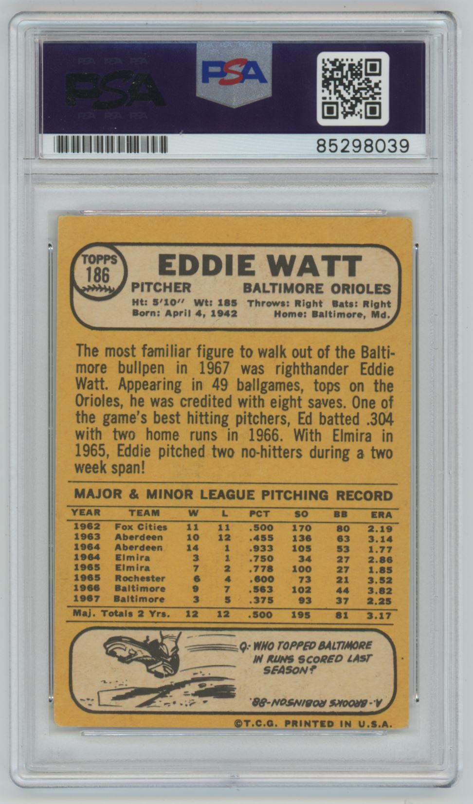 1968 Topps Eddie Watt Auto - PSA/DNA Authentic (8039)