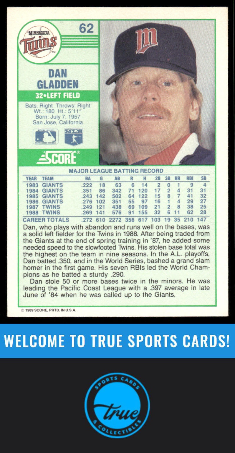 1989 Score #62 Dan Gladden AUTOGRAPH