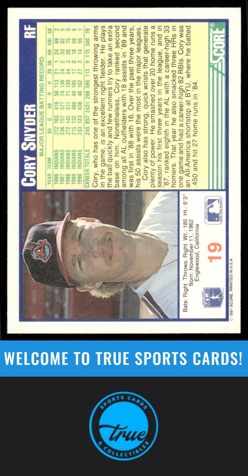 1991 Score #19 Cory Snyder AUTOGRAPH