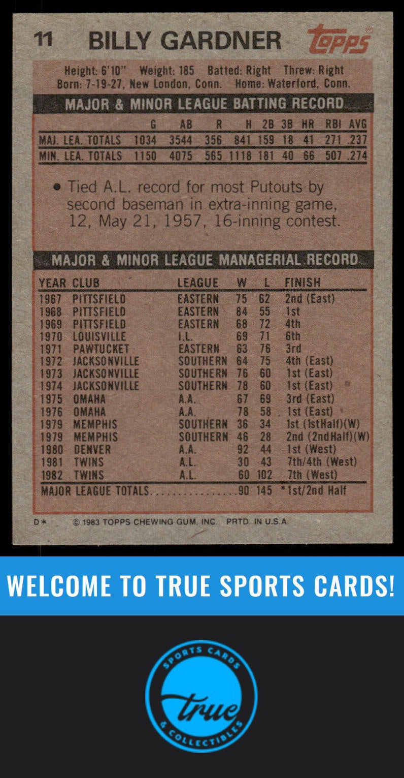 1983 Topps #11 Billy Gardner AUTO