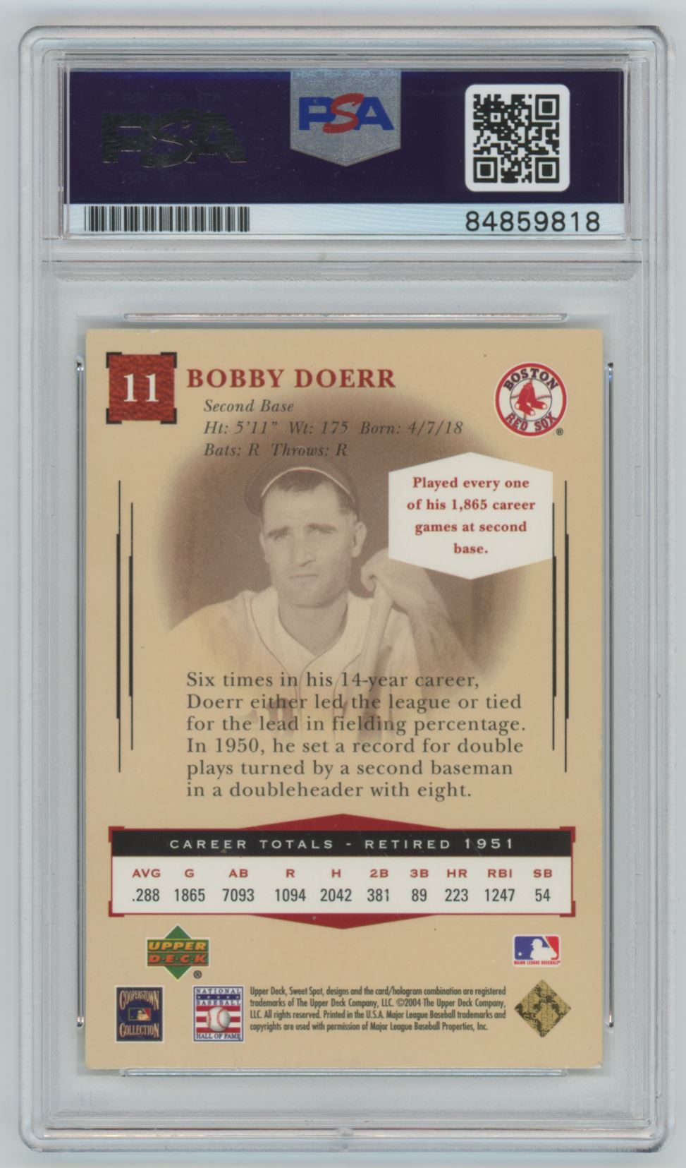 2004 Upper Deck Sweet Spot Classic Bobby Doerr Auto - PSA/DNA