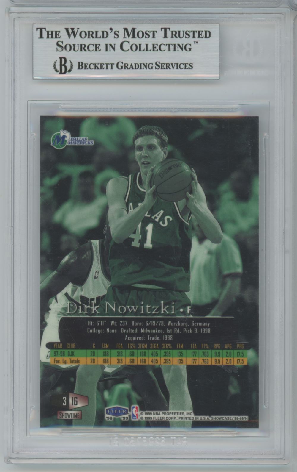 1998-99 Flair Showcase Row 3 #16 Dirk Nowitzki Rookie Card Auto - Beckett Authentic