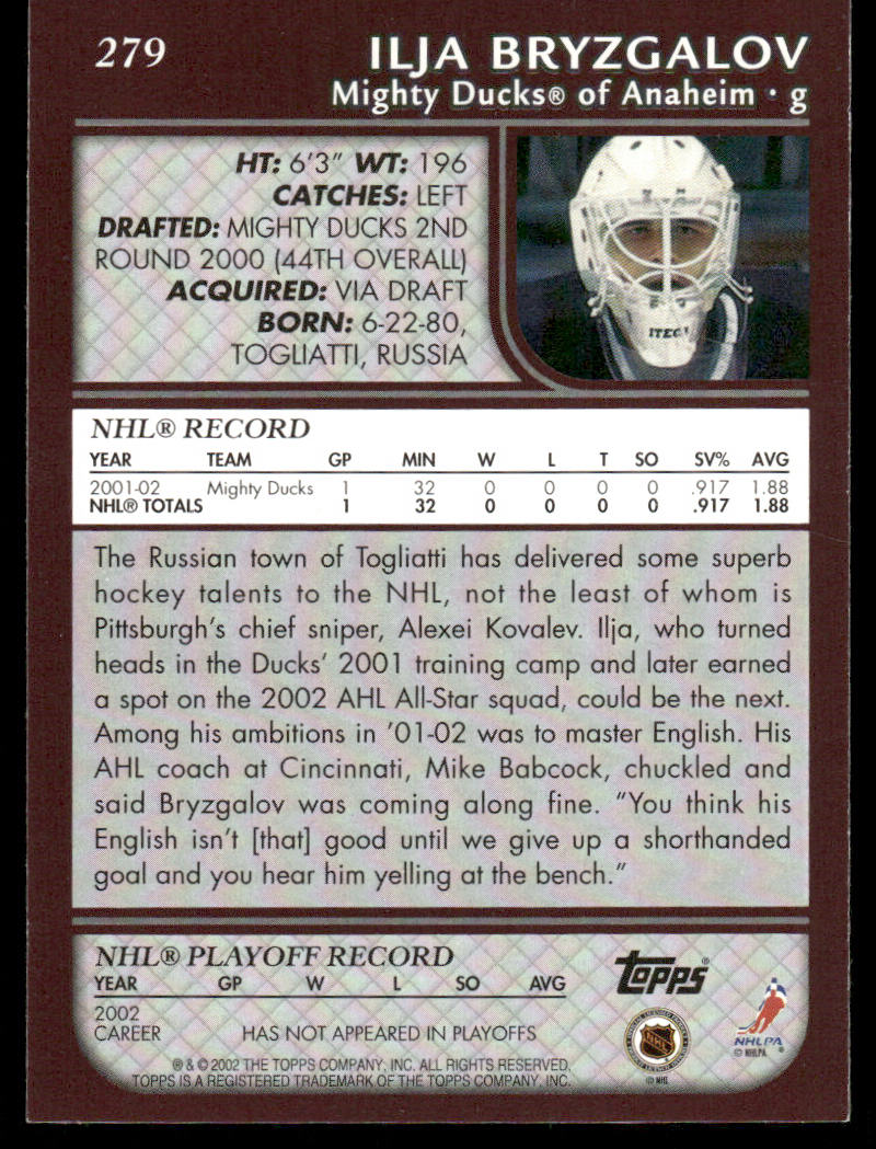 2002-03 Topps #279 Ilja Bryzgalov AUTOGRAPH