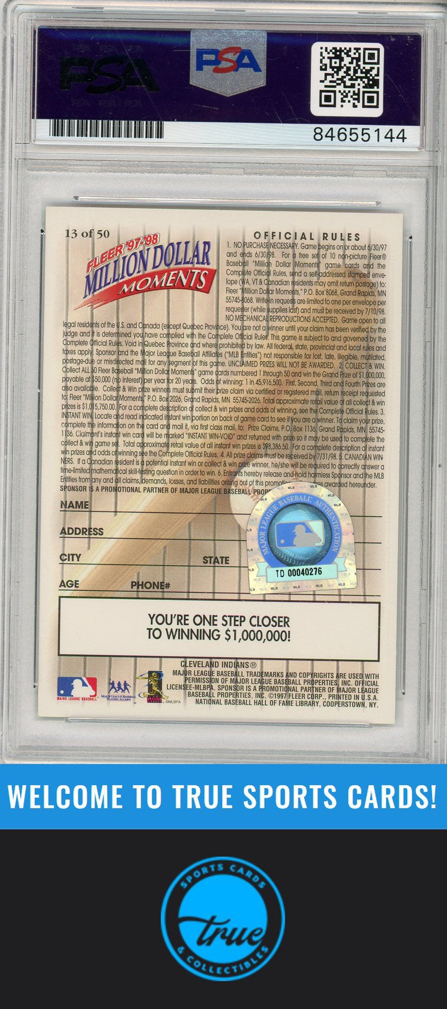 1997-98 Fleer Million Dollar Moments #13 BOB FELLER PSA/DNA AUTOGRAPH