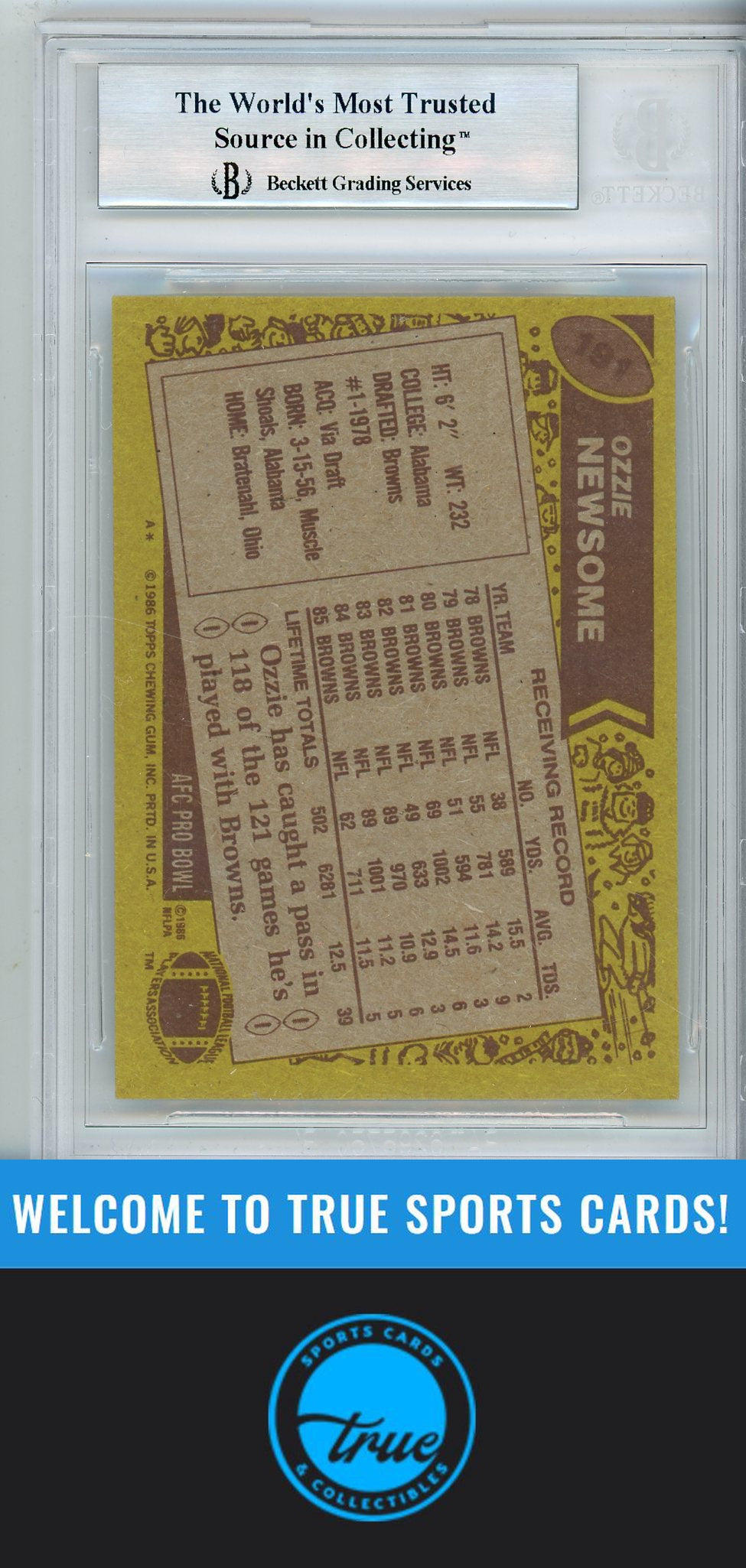 1986 Topps #191 OZZIE NEWSOME BGS Authentic AUTOGRAPH