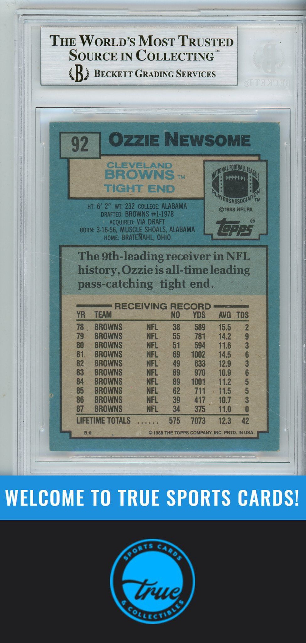 1988 Topps #92 OZZIE NEWSOME BGS Authentic AUTOGRAPH