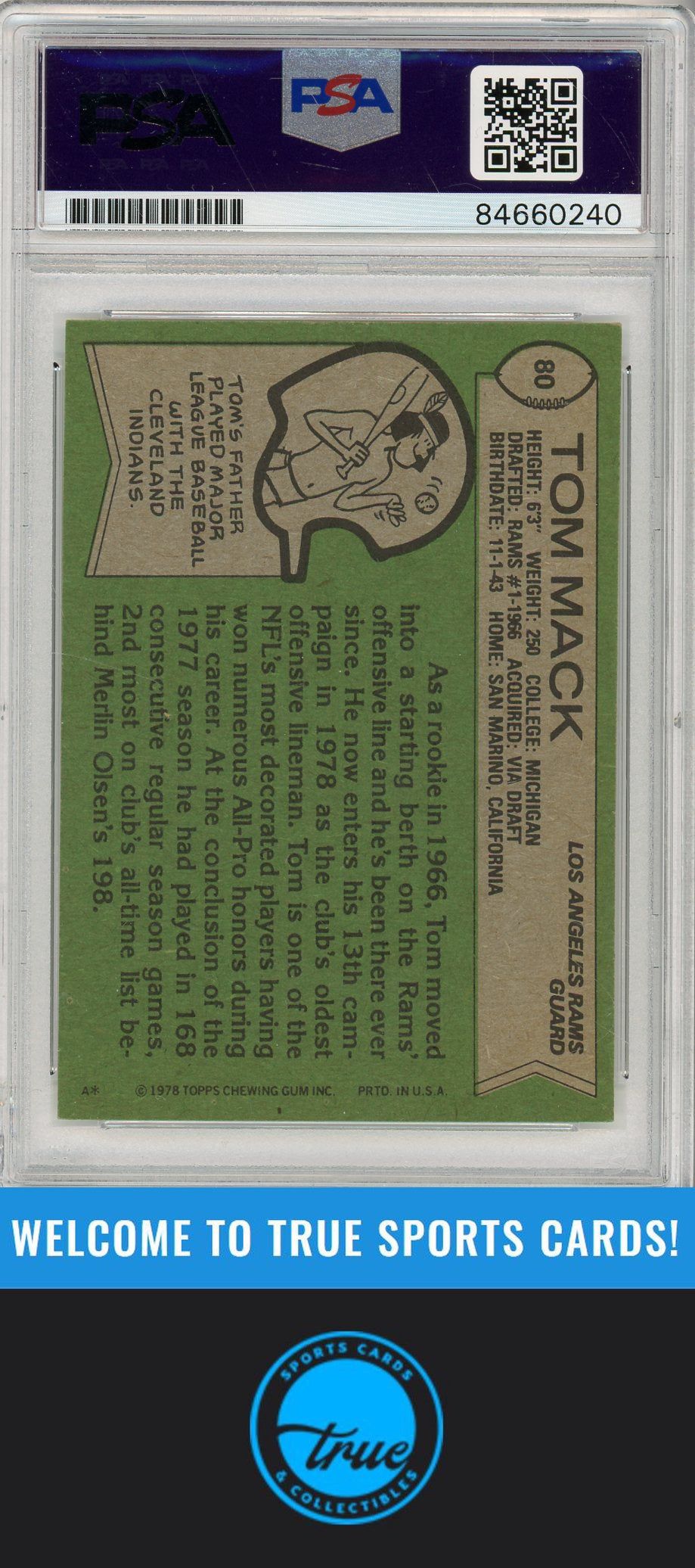 1978 Topps #80 Tom Mack PSA Authentic AUTOGRAPH