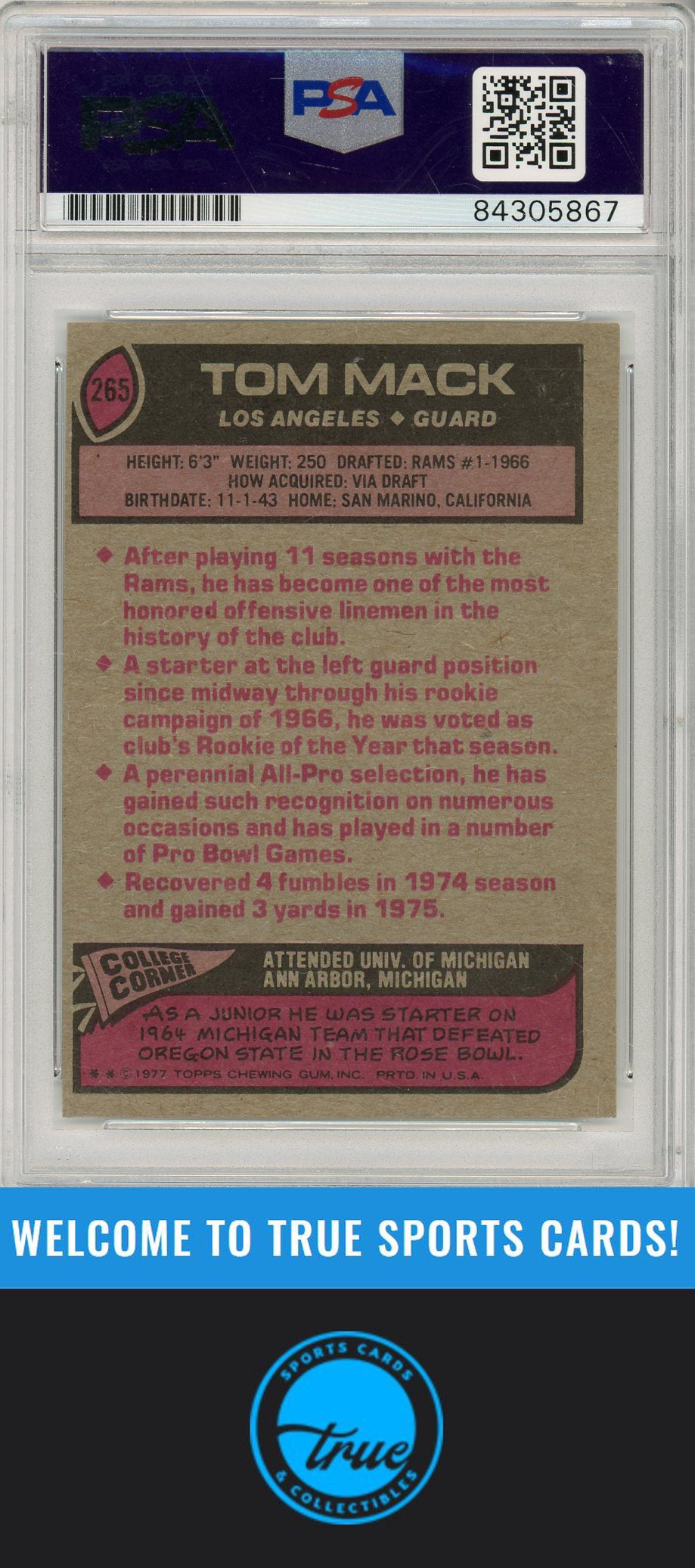 1977 Topps #265 Tom Mack PSA Authentic AUTOGRAPH