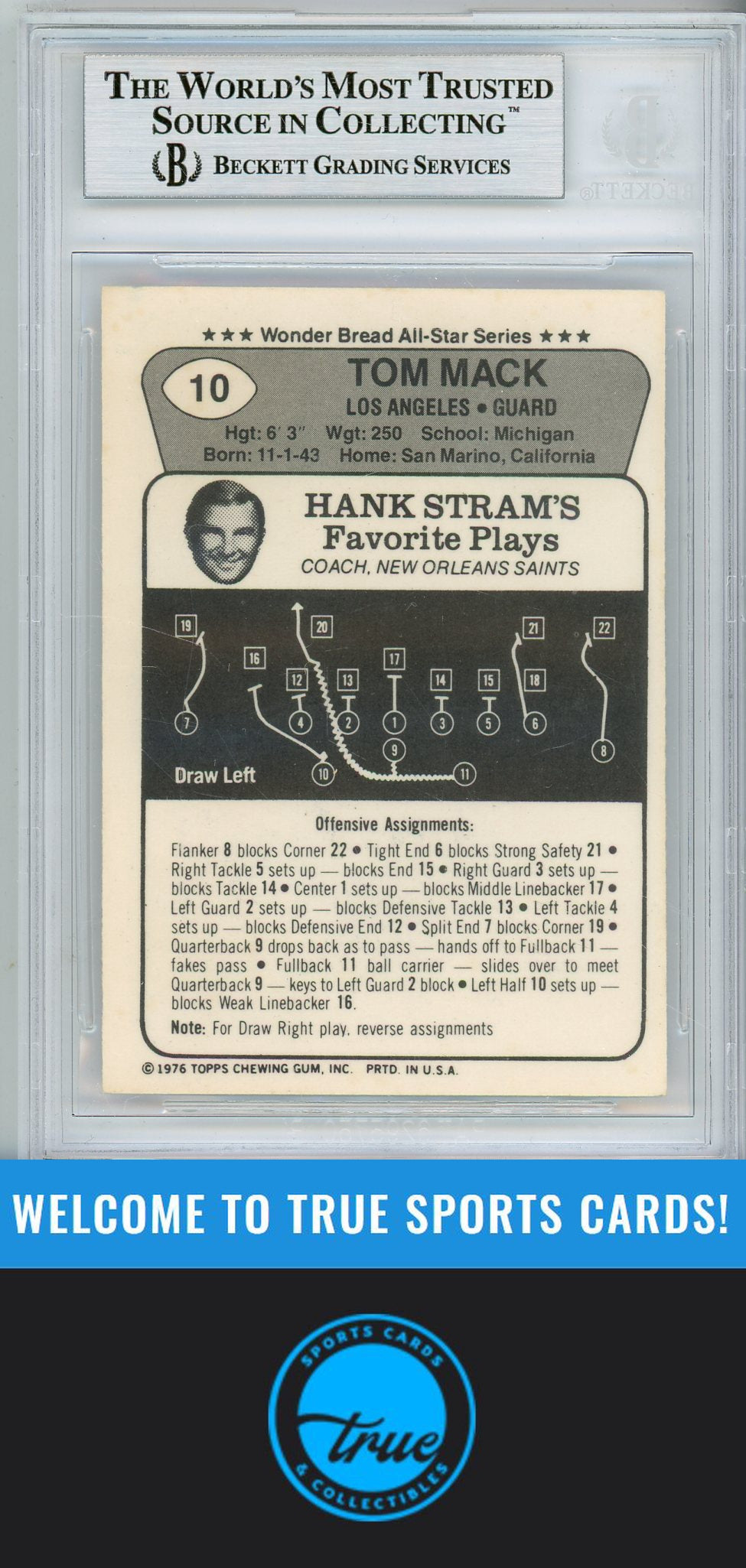 1976 Wonder Bread #10 Tom Mack BGS Authentic AUTOGRAPH