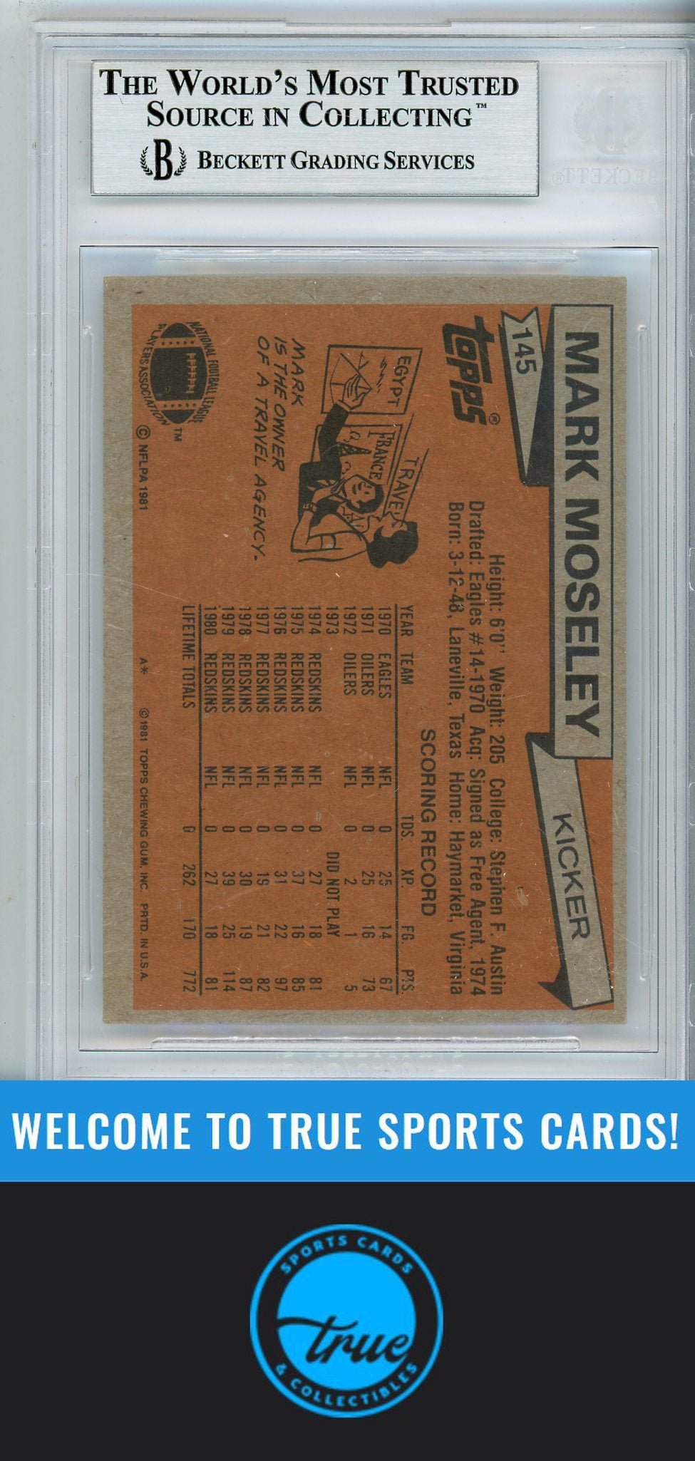 1981 Topps #145 Mark Moseley BGS Authentic AUTOGRAPH