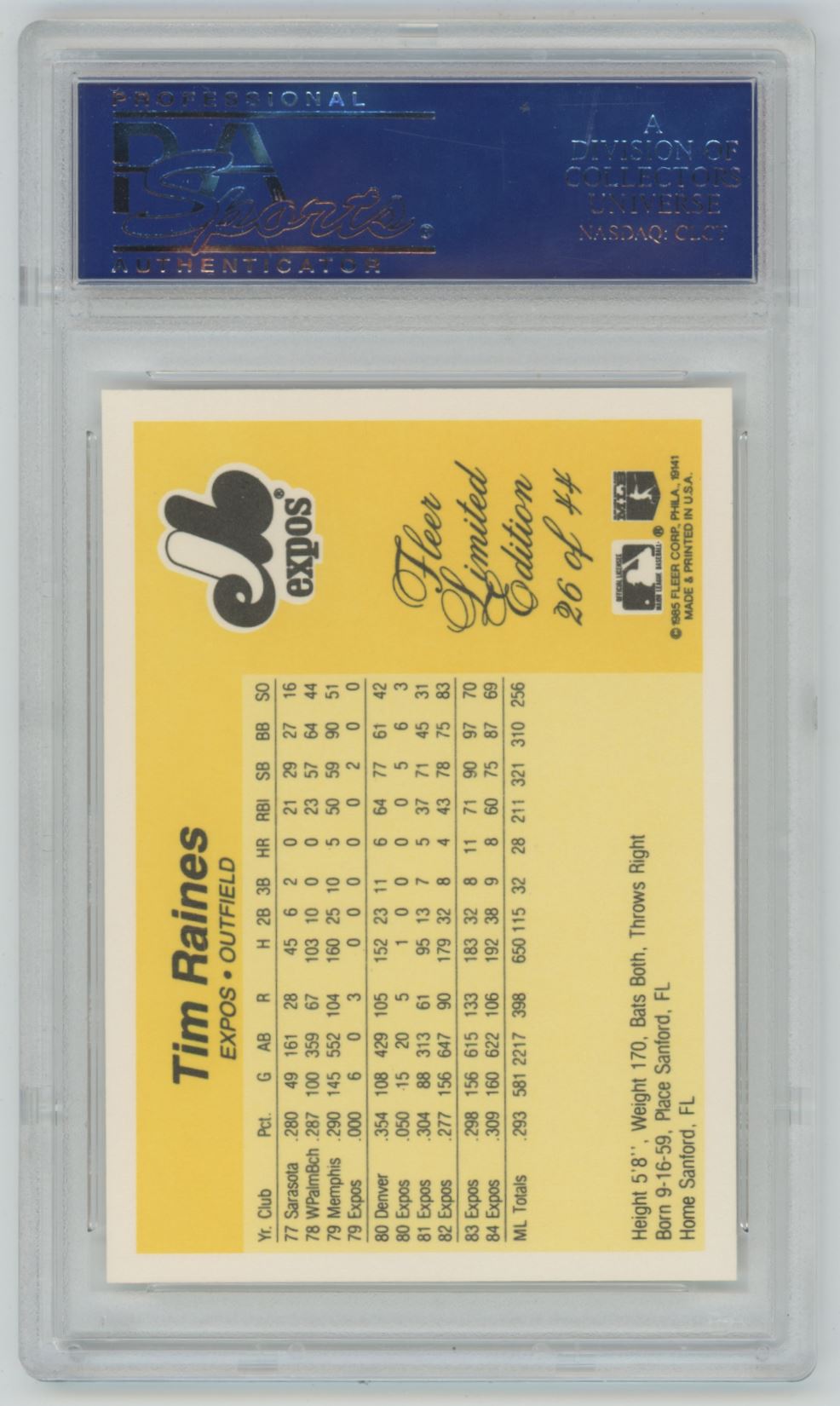 1985 Fleer Tim Raines Limited Edition #26 - PSA 10