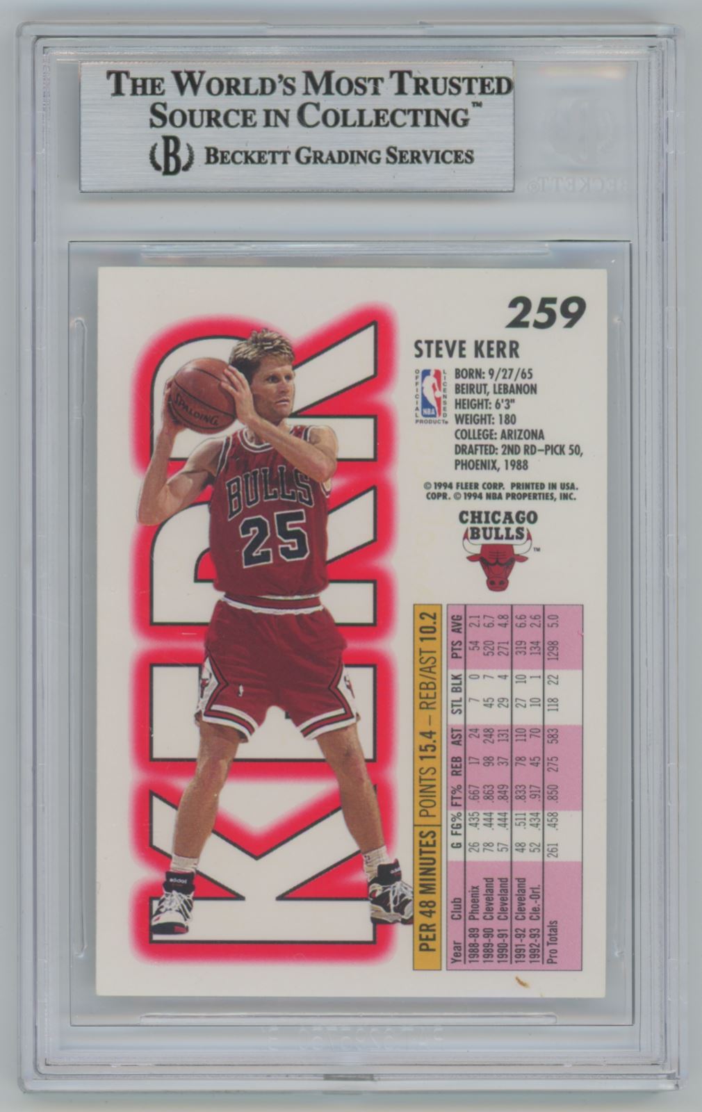 1993-94 Fleer Steve Kerr #259 Auto - Beckett Authentic