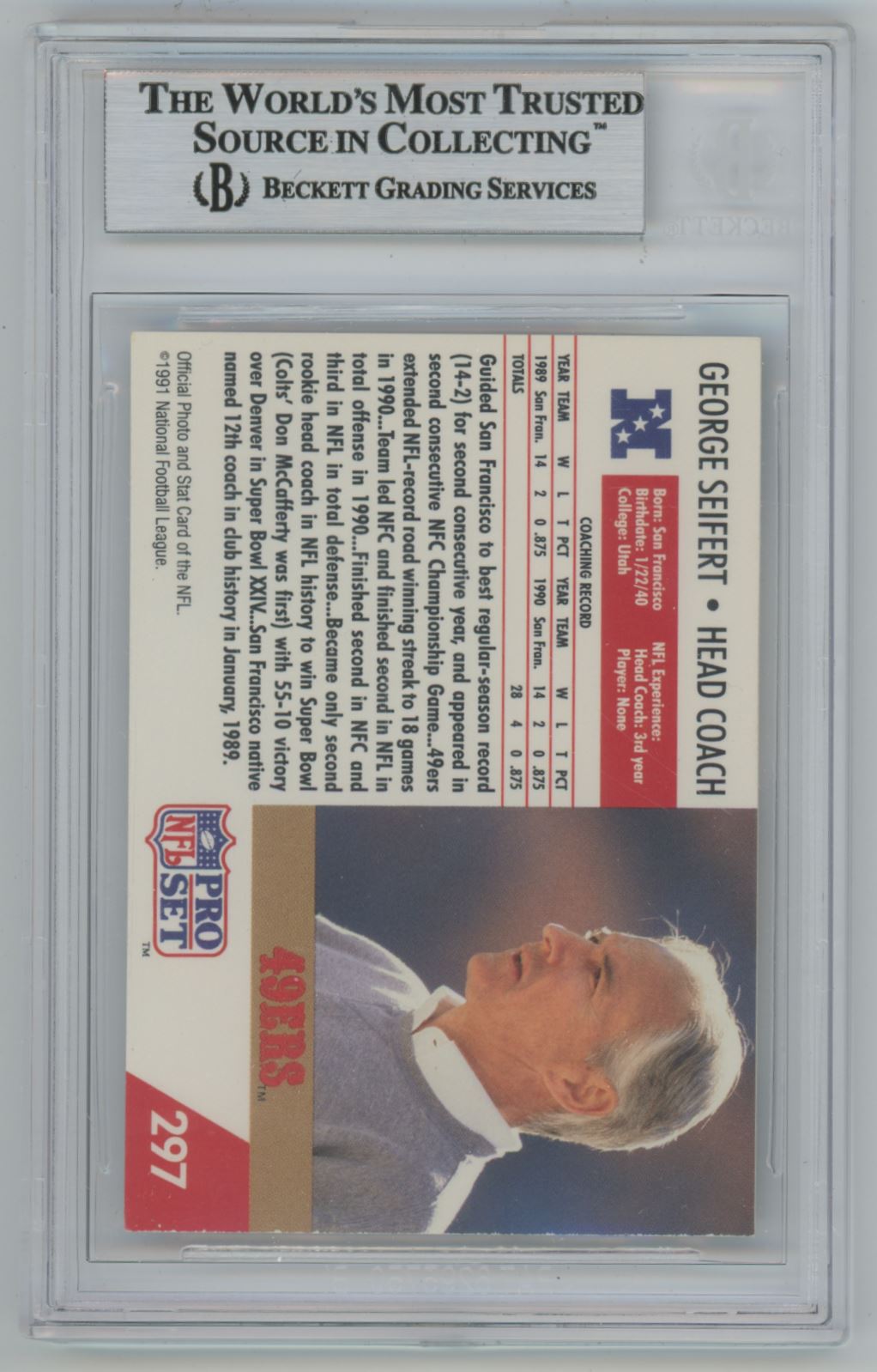 1991 Pro Set George Seifert #297 Auto - Beckett Authentic