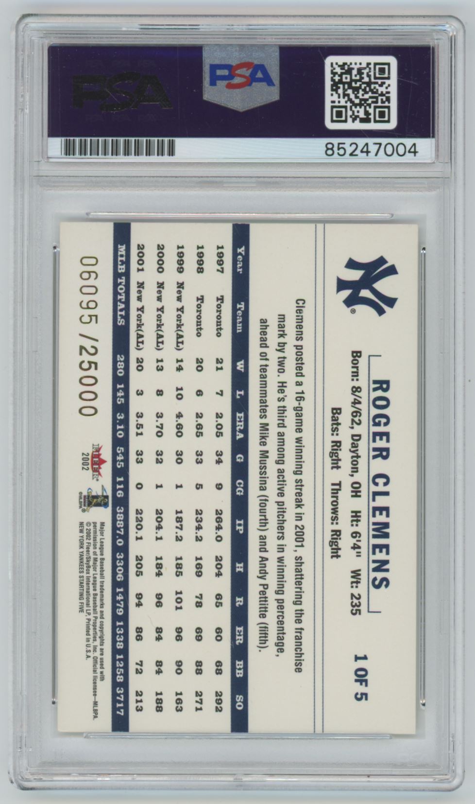 2002 Fleer Roger Clemens Auto - PSA/DNA