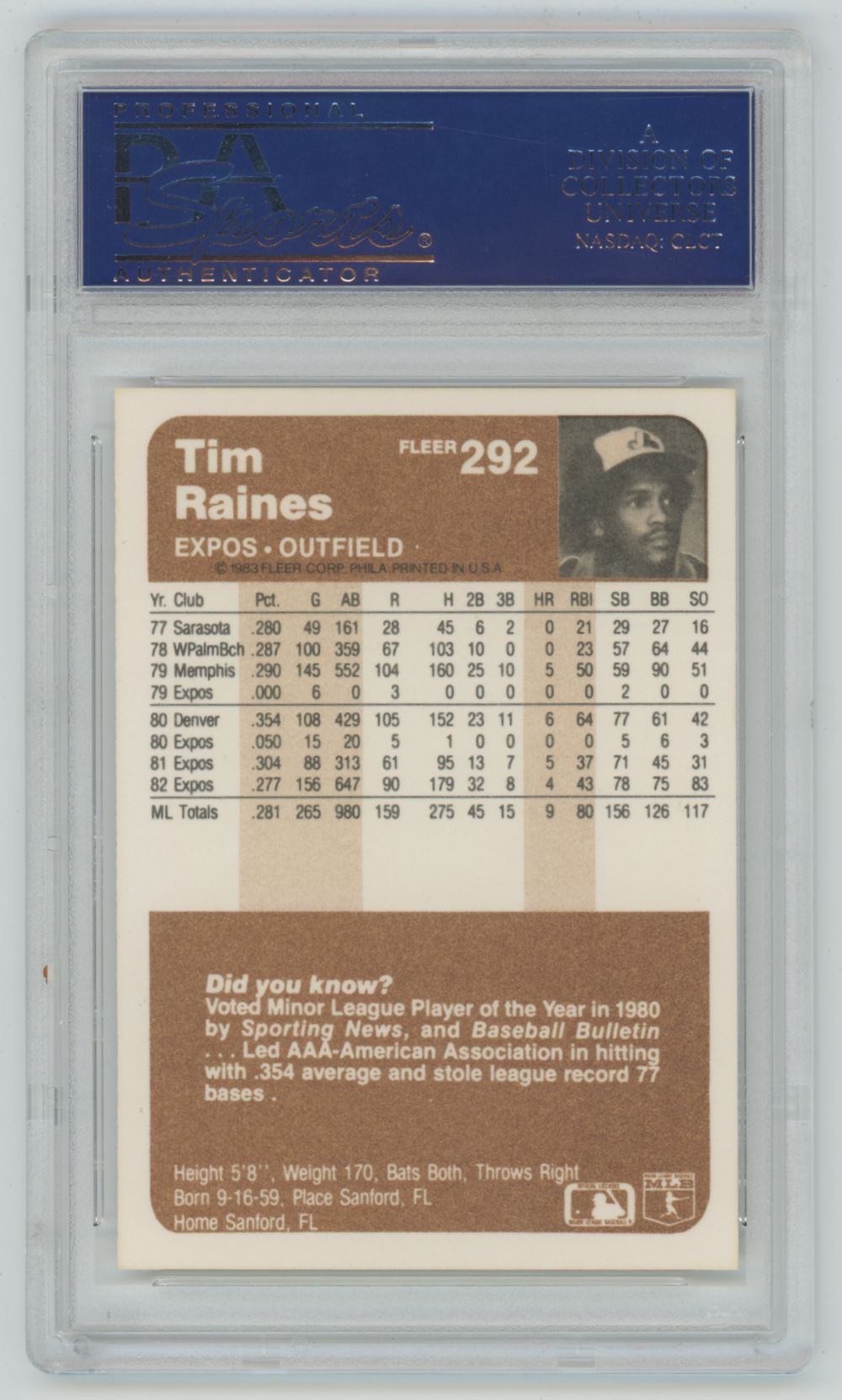 1983 Fleer Tim Raines #292 - PSA 9