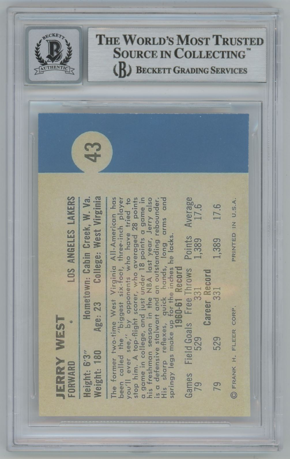 1961 Fleer (Reprint ROOKIE CARD) #43 Jerry West "The Logo" Auto 10 - Beckett Authentic