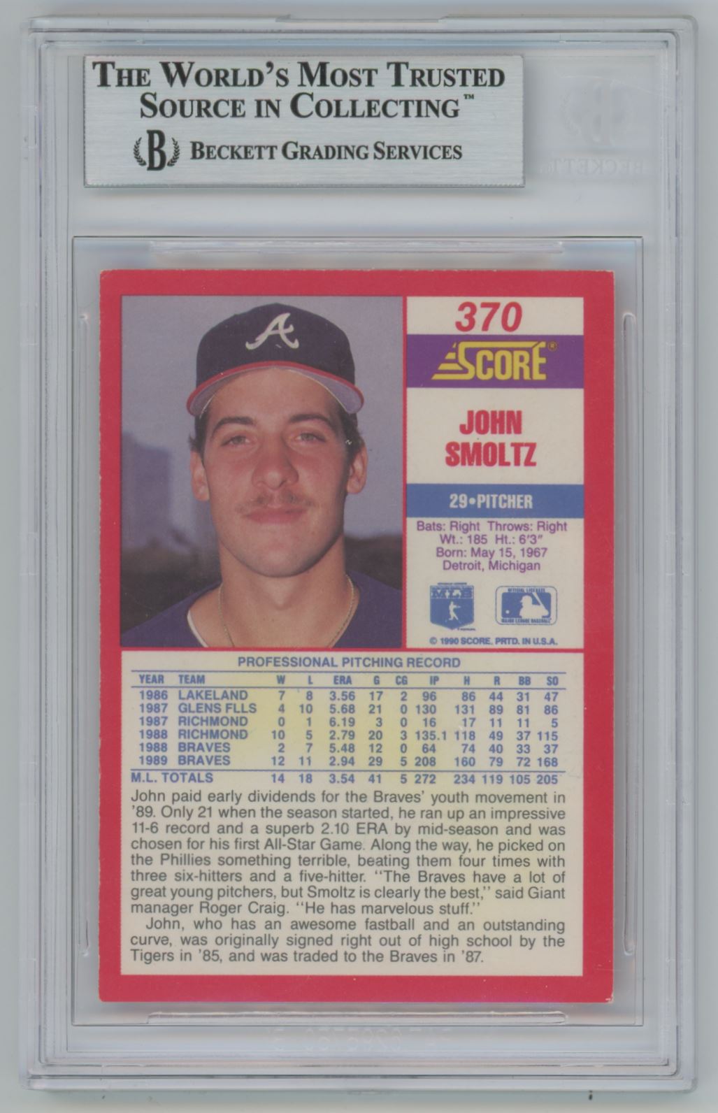 1990 Score John Smoltz Auto - Beckett Authentic
