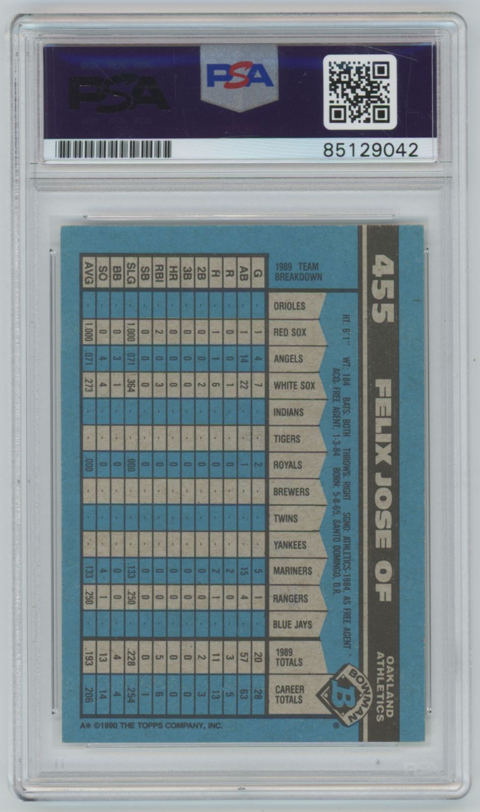1990 Bowman Felix Jose #455 Auto - PSA/DNA