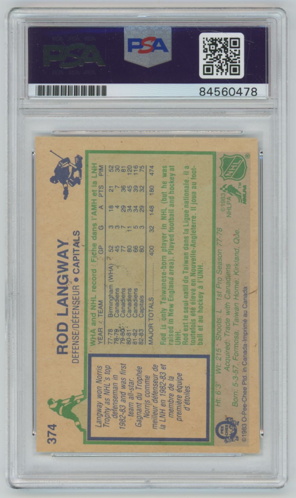 1983 O-Pee-Chee Rod Langway #374 AUTO - PSA/DNA Authentic
