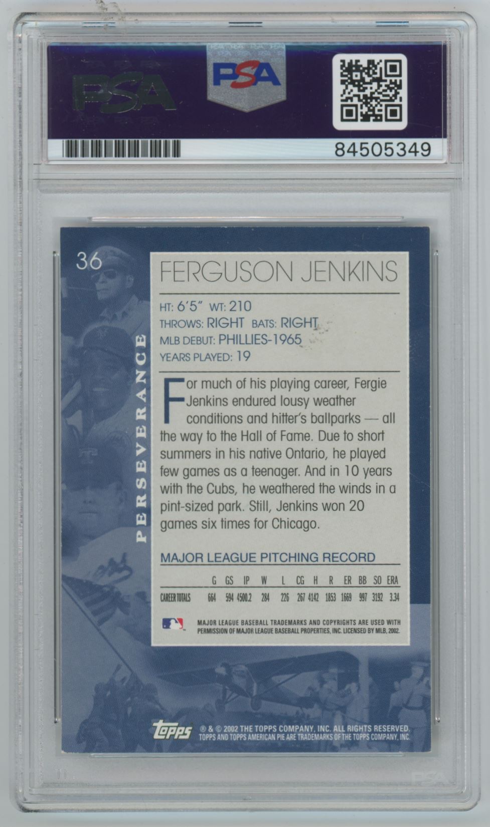 2002 Topps Ferguson Jenkins Auto - PSA/DNA