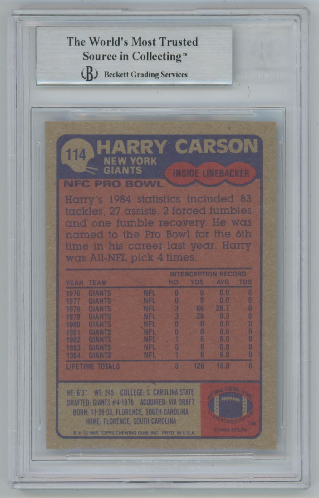 1985 Topps #114 Harry Carson Auto - Beckett Authentic