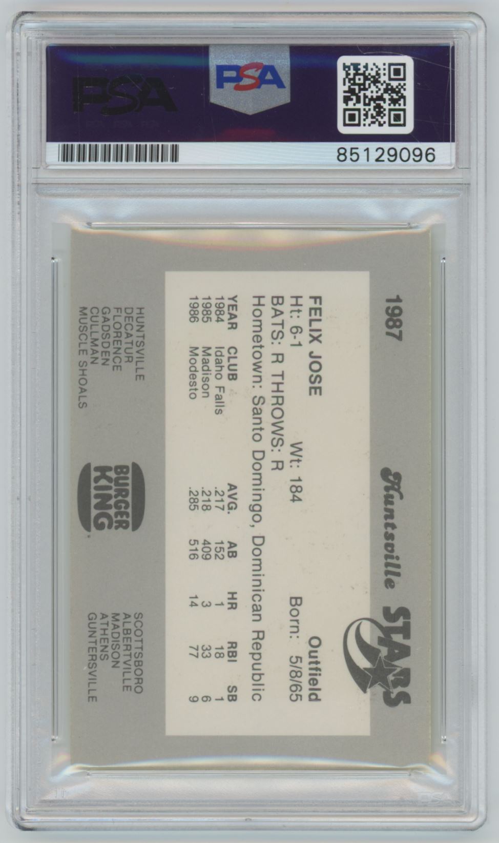 1987 Burger Kings Huntsville Stars Felix Jose Auto - PSA/DNA