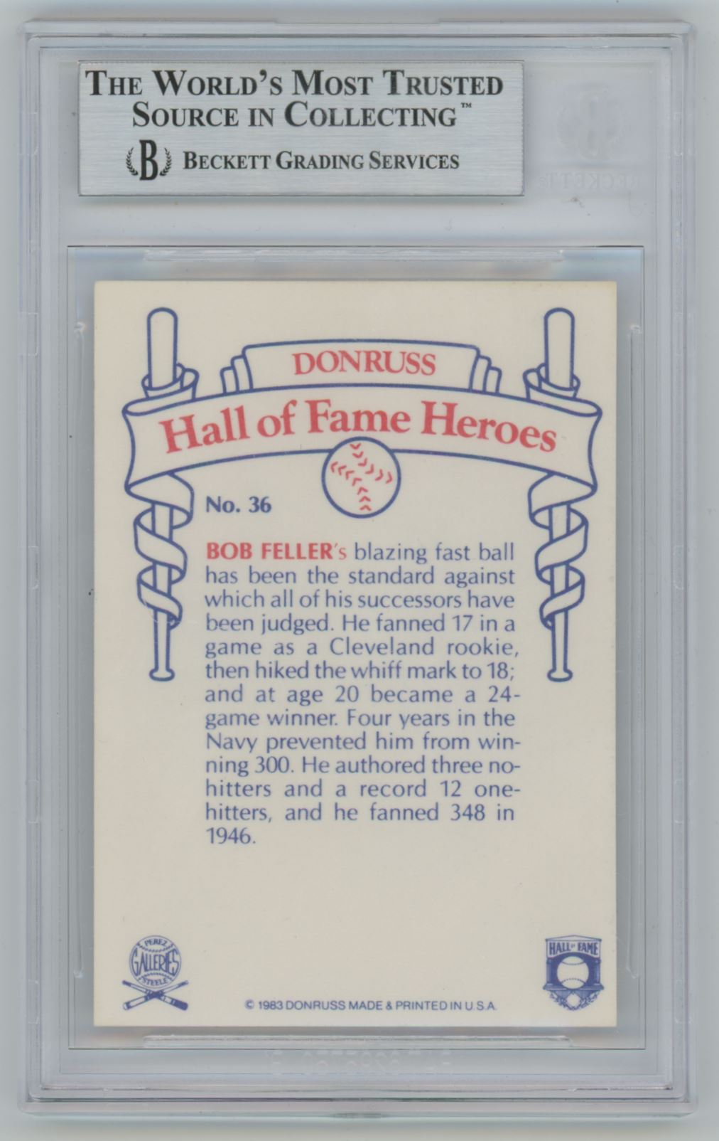 1983 Donruss HOF Heroes Bob Feller #36 Auto - Beckett Authentic