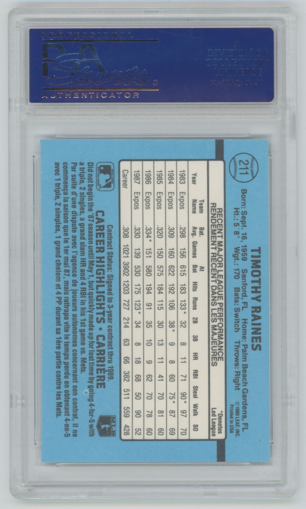 1988 Leaf Tim Raines MVP #211 - PSA 9