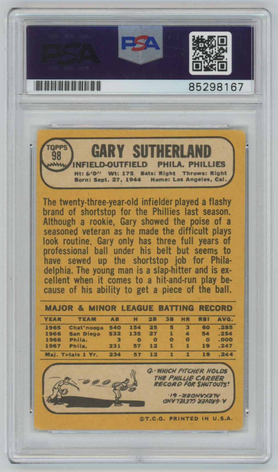1968 Topps Gary Sutherland Auto - PSA/DNA Authentic (8167)