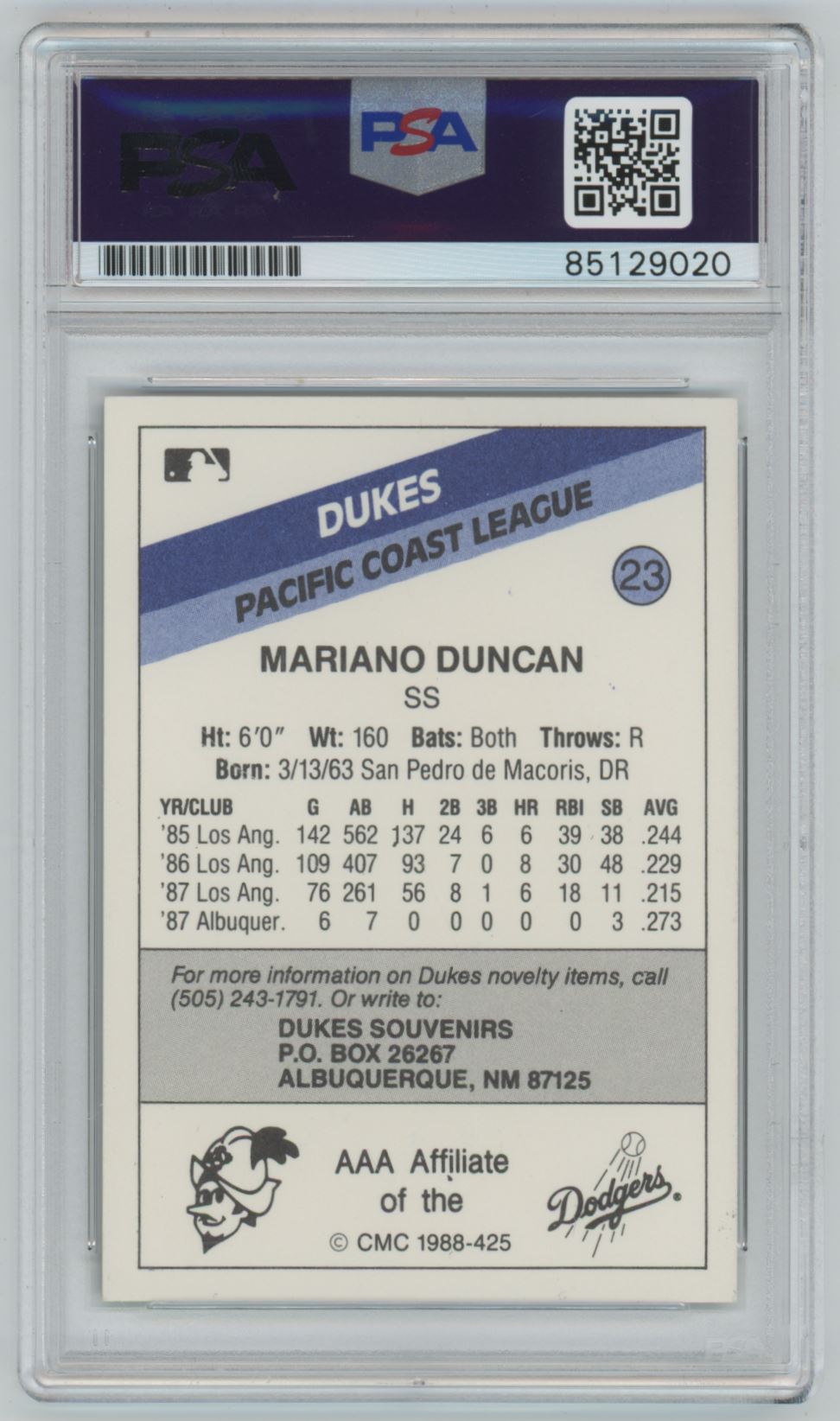 1988 Pacific Coast League Mariano Duncan Auto - PSA/DNA