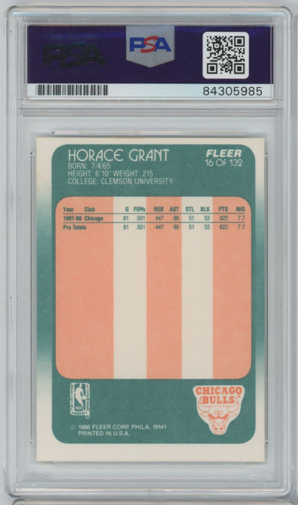 1988 Fleer #16 Horace Grant Rookie Card "4 x NBA Champs" Auto - PSA/DNA