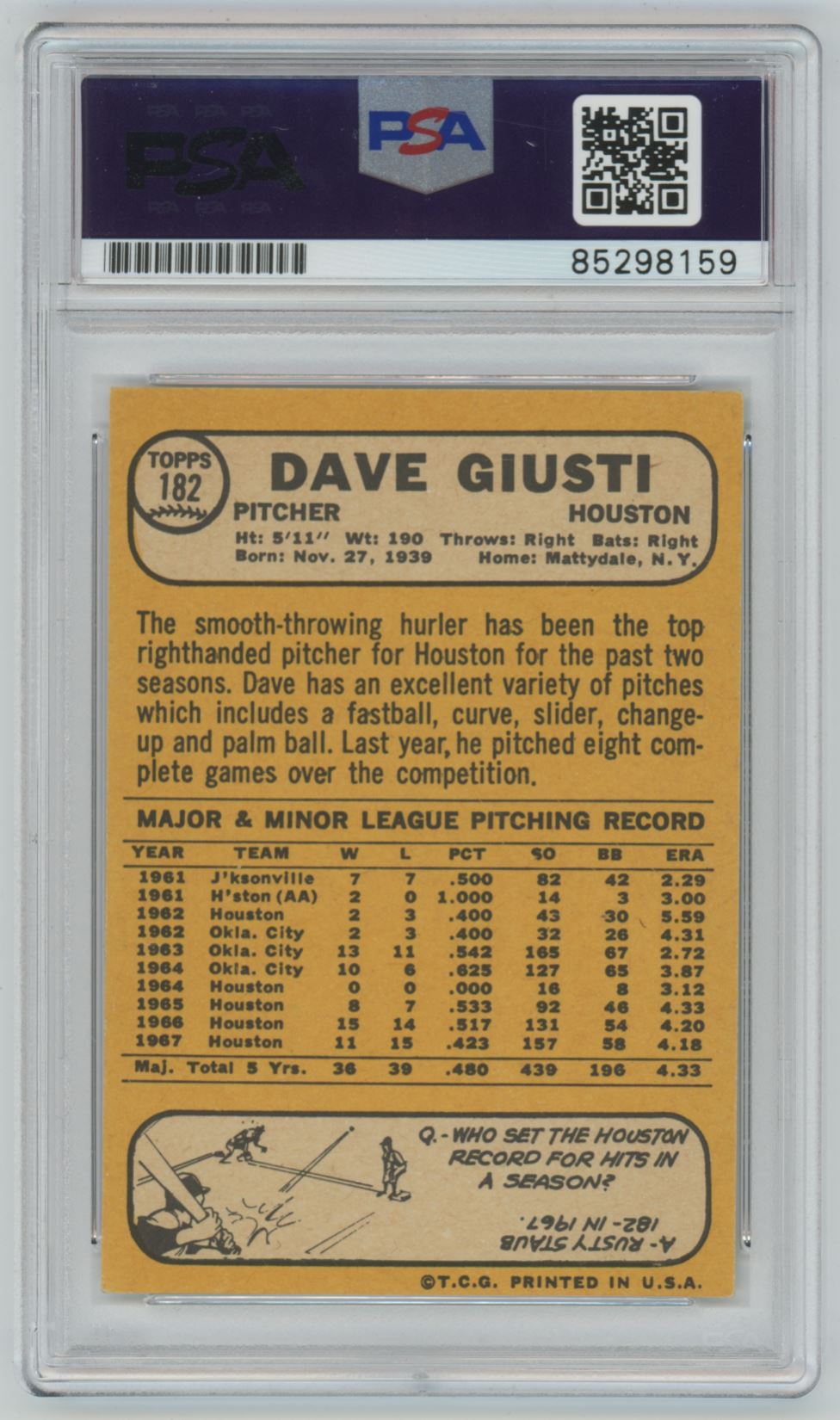 1968 Topps Dave Giusti Auto - PSA/DNA Authentic (8159)
