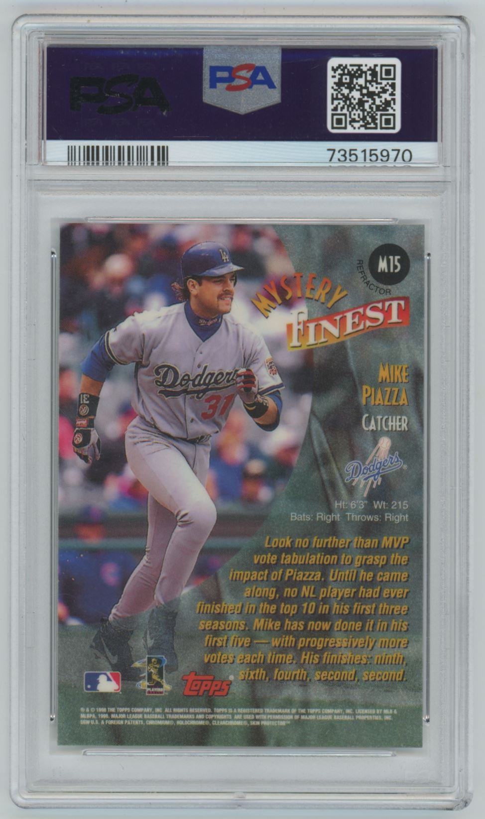 1998 Topps Mystery Finest Mike Piazza Bordered Refractor - PSA 8