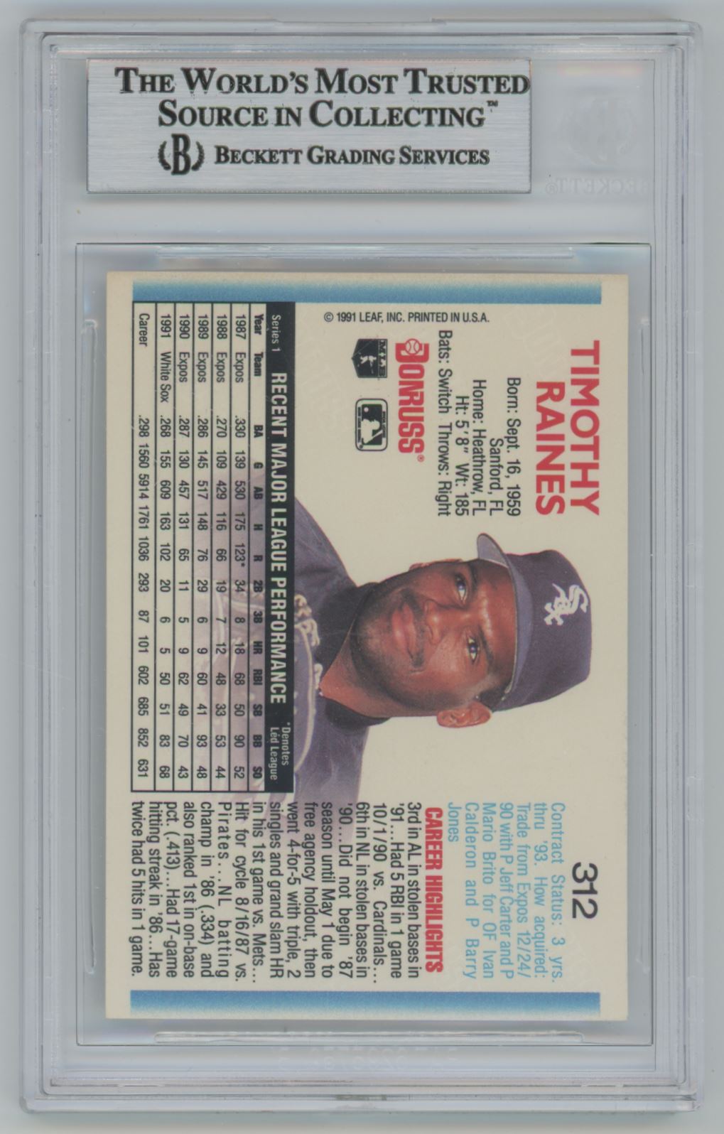 1992 Donruss #321 Tim Raines Auto - Beckett Authentic