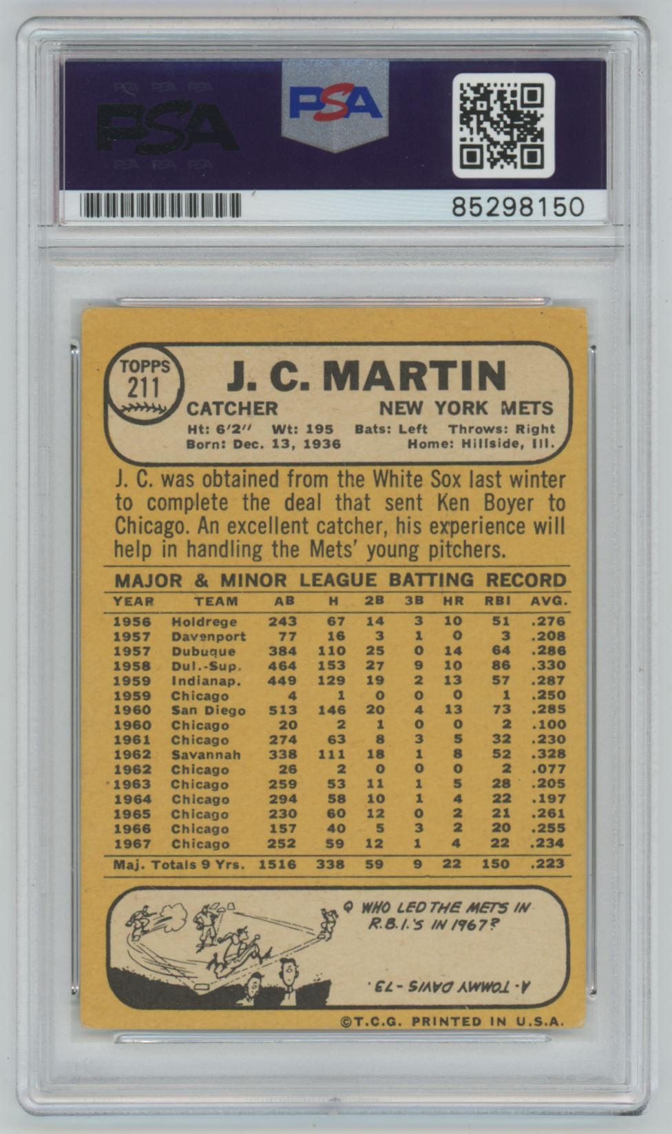 1968 Topps J.C. Martin Auto - PSA/DNA Authentic (8150)
