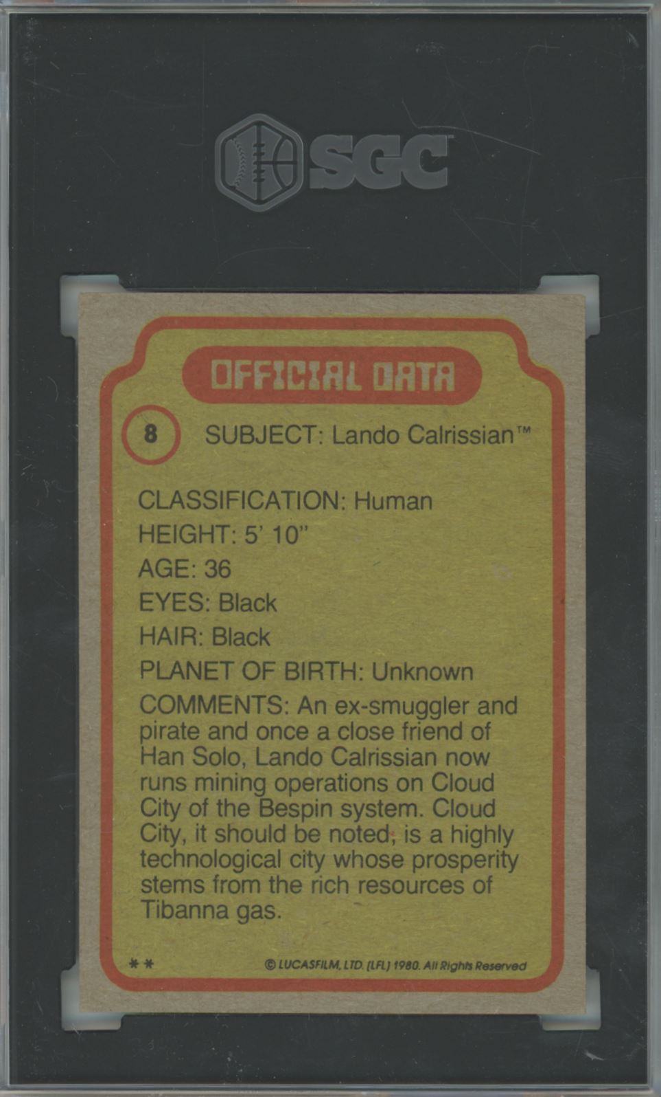 1980 Topps Star Wars Lando Calrissian #8 The Empire Strikes Back - SGC 6