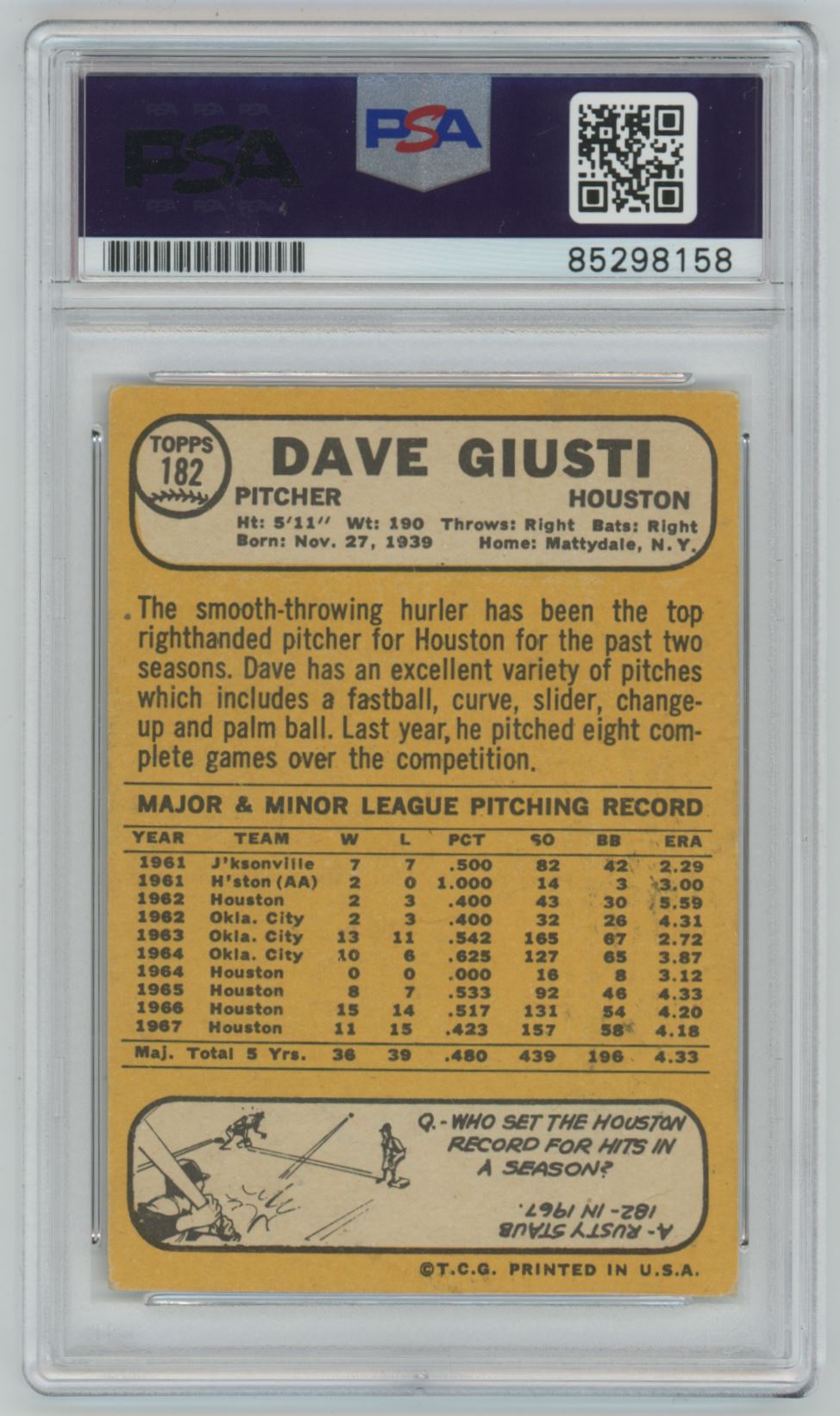 1968 Topps Dave Giusti Auto - PSA/DNA Authentic (8158)