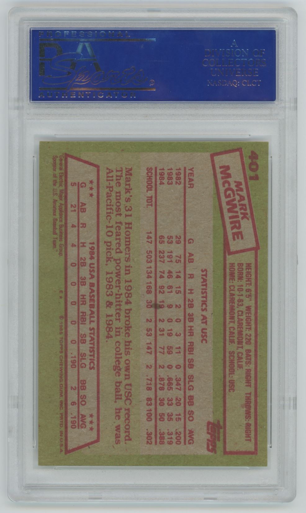 1985 Topps Mark McGwire #401 Rookie Card Auto - PSA/DNA