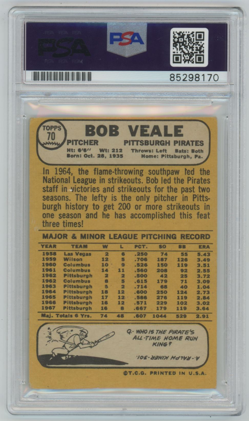 1968 Topps Bob Veale Auto - PSA/DNA Authentic (8170)