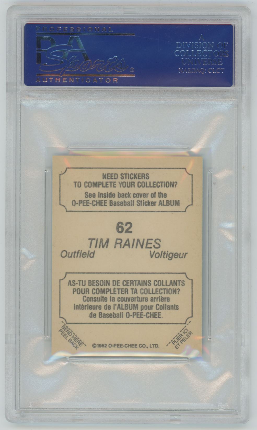 1982 O.P.C. Stickers Tim Raines #62 - PSA 9