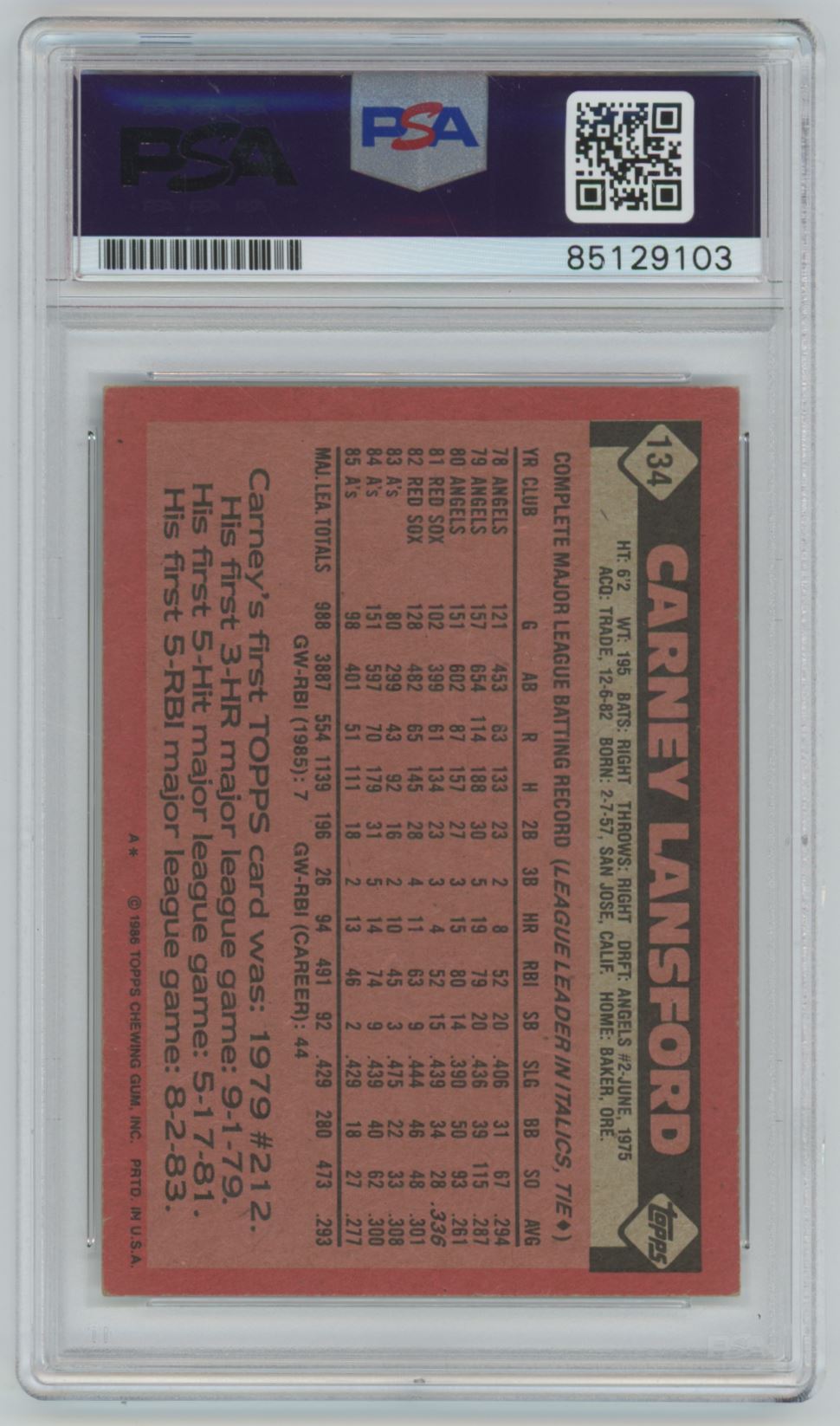 1986 Topps Carney Lansford Auto - PSA/DNA