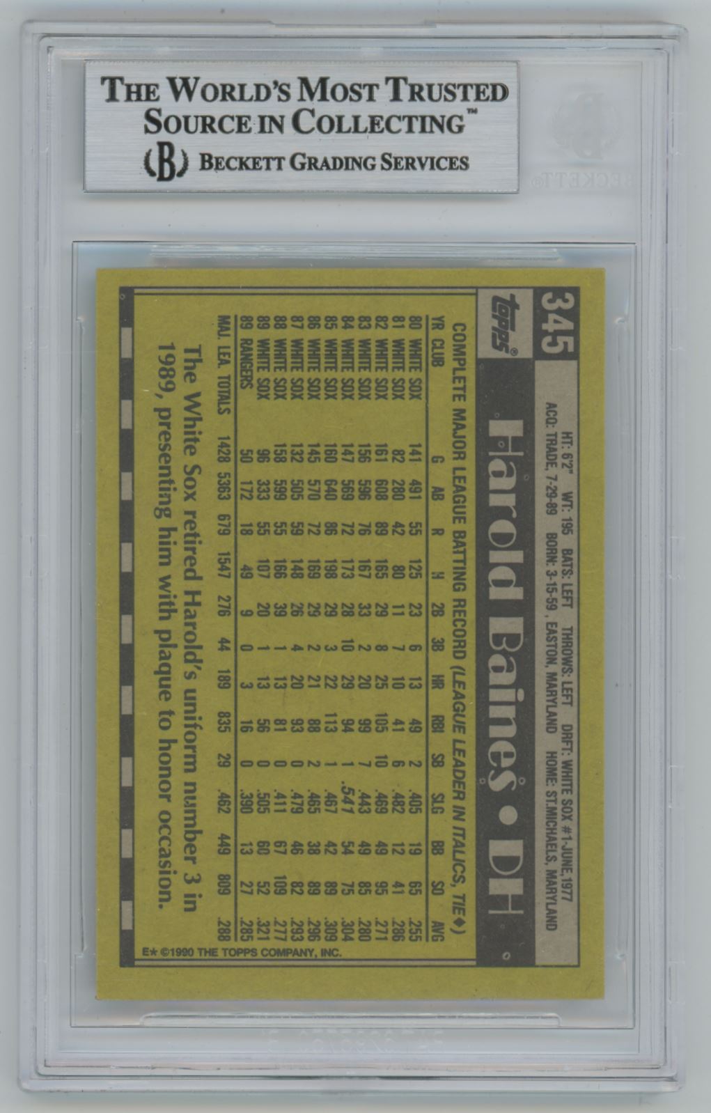 1990 Topps #345 Harold Baines Auto - Beckett Authentic