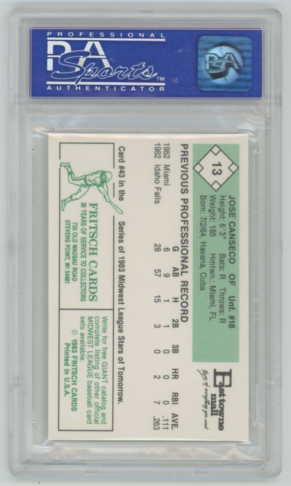 1983 Fritsch Jose Canseco Madison Muskies #13 - PSA 9
