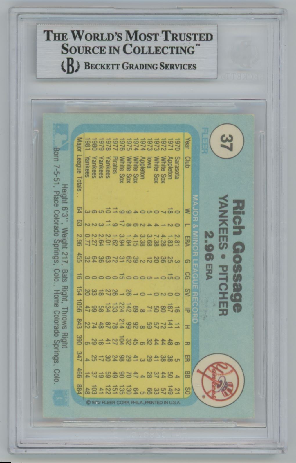 1982 Fleer Rich Gossage #37 Auto - Beckett Authentic