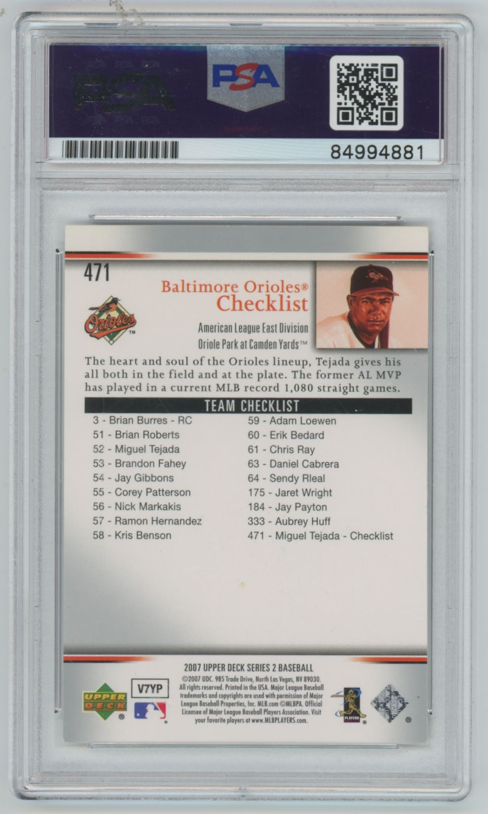 2007 Upper Deck Series 2 Miguel Tejada Auto - PSA/DNA