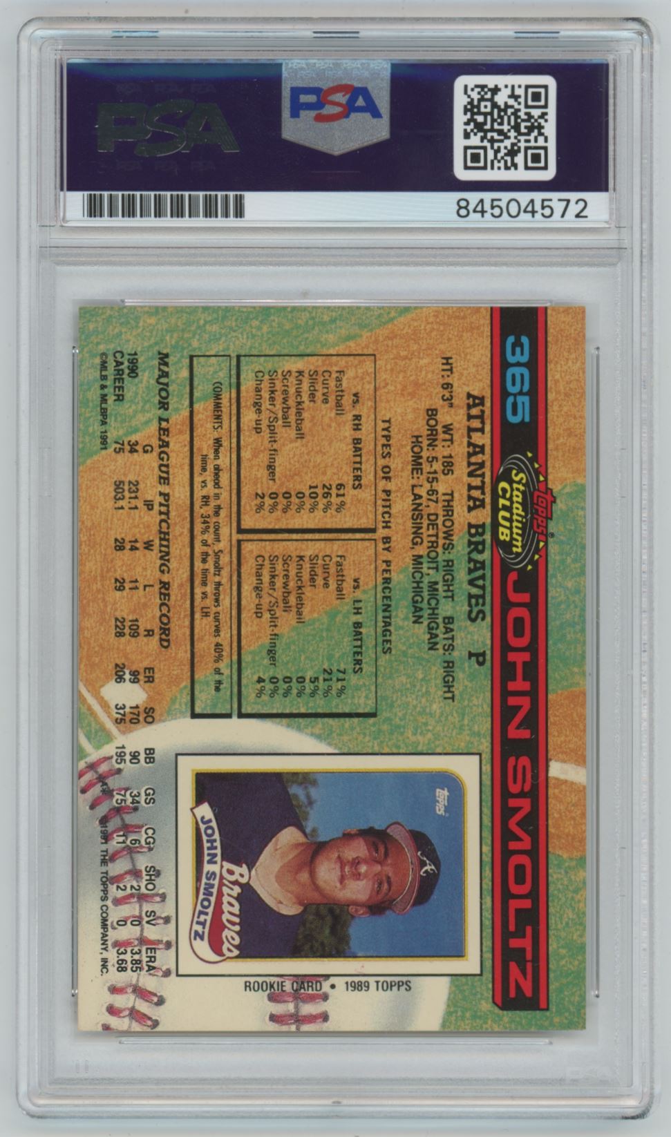 1991 Stadium Club John Smoltz Auto - PSA/DNA