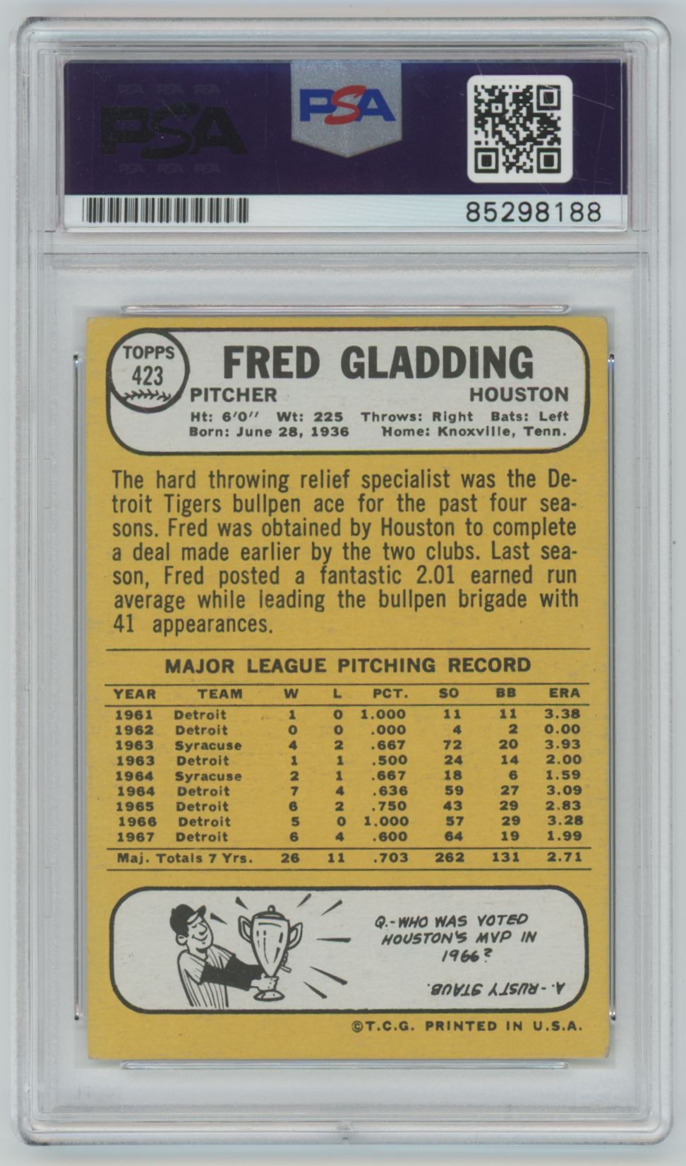 1968 Topps Fred Gladding Auto - PSA/DNA Authentic (8188)