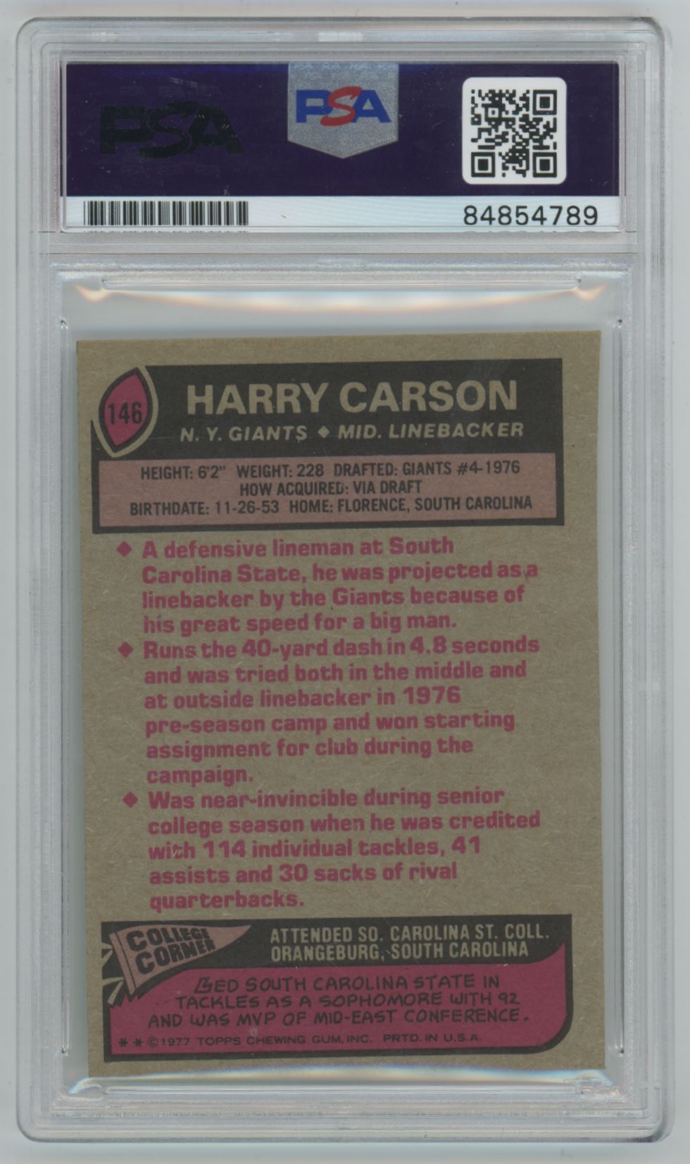 1977 Topps Harry Carson Rookie Card Auto - PSA/DNA